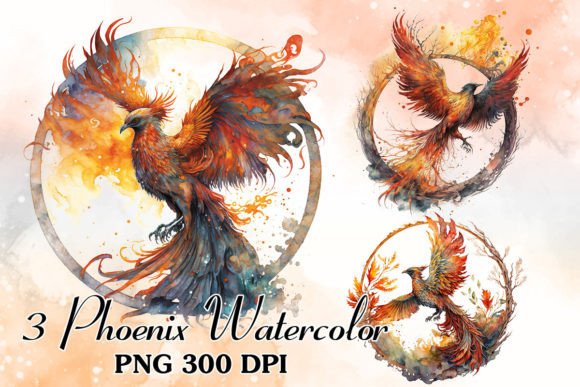Unleash Vibrant Energy with the Fire Phoenix Watercolor Clipart Bundle
