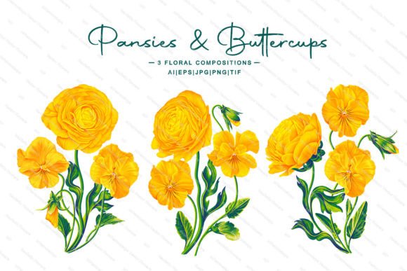 Yellow Pansies & Buttercups: Hand-Drawn Floral Design Assets